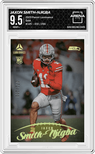 Jaxon Smith-Njigba from the 2023 Panini Luminance set featuring a Gold parallel graded by Arena Club and given an overall grade of 9.5.
