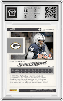 Sean Cifford from the 2023 Panini Luminance set featuring a Purple parallel graded by Arena Club and given an overall grade of 10.