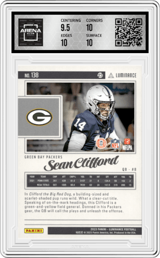 Sean Cifford from the 2023 Panini Luminance set featuring a Purple parallel graded by Arena Club and given an overall grade of 10.