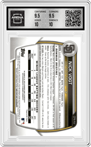 Nick Vogt from the 2023 Bowman  set graded by Arena Club and given an overall grade of 10.