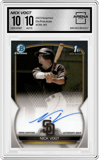 Nick Vogt from the 2023 Bowman  set graded by Arena Club and given an overall grade of 10.