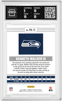 Kenneth Walker III from the 2022 Panini Chronicles set graded by Arena Club and given an overall grade of 9.5.