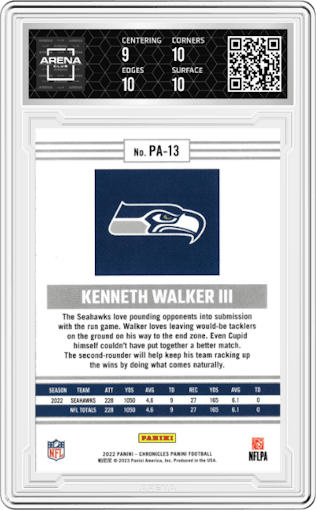 Kenneth Walker III from the 2022 Panini Chronicles set graded by Arena Club and given an overall grade of 9.5.