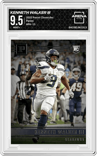 Kenneth Walker III from the 2022 Panini Chronicles set graded by Arena Club and given an overall grade of 9.5.