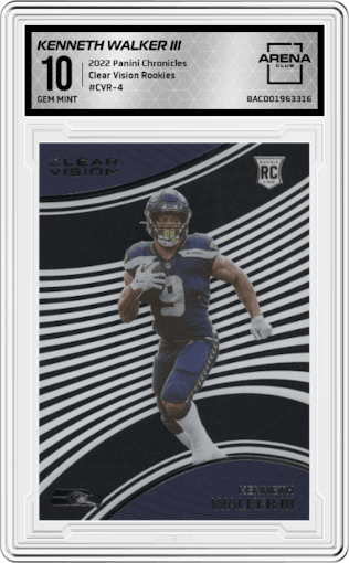 Kenneth Walker III from the 2022 Panini Chronicles set graded by Arena Club and given an overall grade of 10.