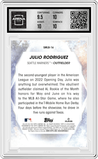 Julio Rodriguez from the 2023 Topps Series 1 set graded by Arena Club and given an overall grade of 10.