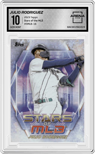Julio Rodriguez from the 2023 Topps Series 1 set graded by Arena Club and given an overall grade of 10.