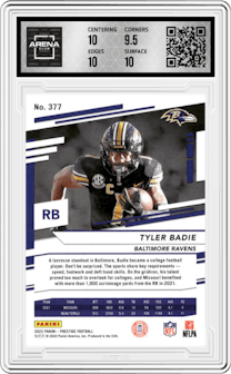 Tyler Badie from the 2022 Panini Prestige set featuring a Xtra Points Sunburst parallel graded by Arena Club and given an overall grade of 10.