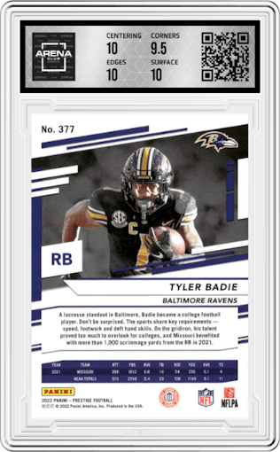 Tyler Badie from the 2022 Panini Prestige set featuring a Xtra Points Sunburst parallel graded by Arena Club and given an overall grade of 10.