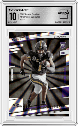 Tyler Badie from the 2022 Panini Prestige set featuring a Xtra Points Sunburst parallel graded by Arena Club and given an overall grade of 10.