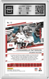 Cordarrelle Patterson from the 2022 Panini Prestige set featuring a Xtra Points Sunburst parallel graded by Arena Club and given an overall grade of 10.