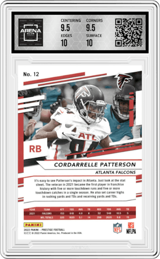 Cordarrelle Patterson from the 2022 Panini Prestige set featuring a Xtra Points Sunburst parallel graded by Arena Club and given an overall grade of 10.