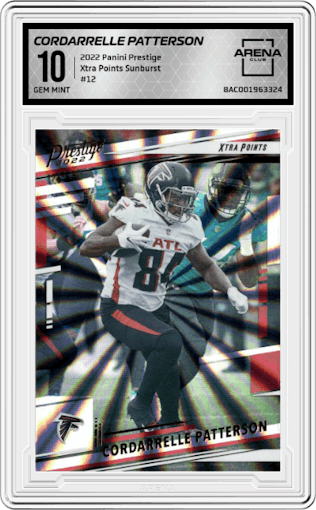 Cordarrelle Patterson from the 2022 Panini Prestige set featuring a Xtra Points Sunburst parallel graded by Arena Club and given an overall grade of 10.