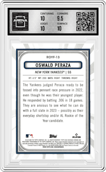 Oswald Peraza from the 2023 Bowman  set graded by Arena Club and given an overall grade of 10.