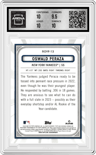 Oswald Peraza from the 2023 Bowman  set graded by Arena Club and given an overall grade of 10.