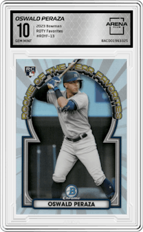 Oswald Peraza from the 2023 Bowman  set graded by Arena Club and given an overall grade of 10.
