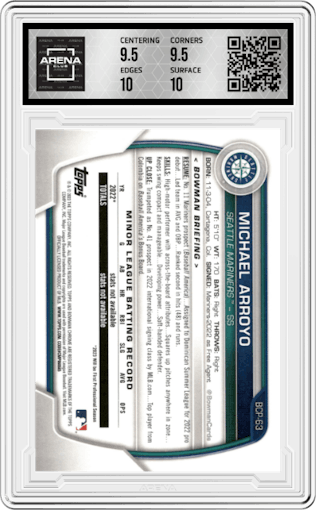 Michael Arroyo from the 2023 Bowman  set graded by Arena Club and given an overall grade of 10.