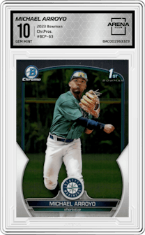Michael Arroyo from the 2023 Bowman  set graded by Arena Club and given an overall grade of 10.