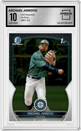 Michael Arroyo from the 2023 Bowman  set graded by Arena Club and given an overall grade of 10.