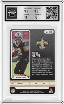 Chris Olave from the 2022 Panini Absolute set featuring a Green parallel graded by Arena Club and given an overall grade of 10.
