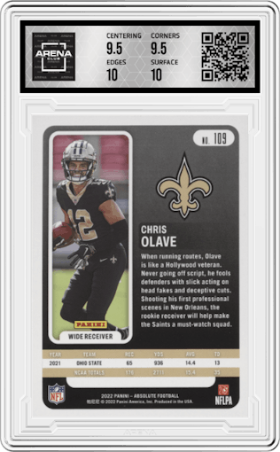 Chris Olave from the 2022 Panini Absolute set featuring a Green parallel graded by Arena Club and given an overall grade of 10.