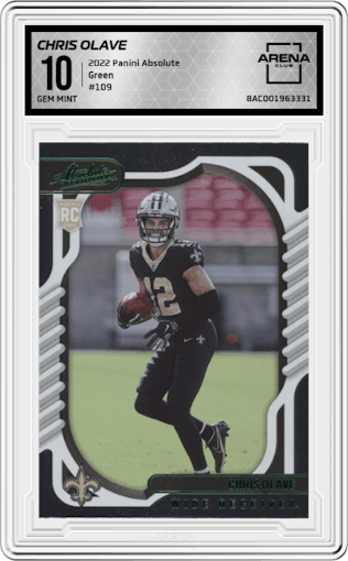 Chris Olave from the 2022 Panini Absolute set featuring a Green parallel graded by Arena Club and given an overall grade of 10.