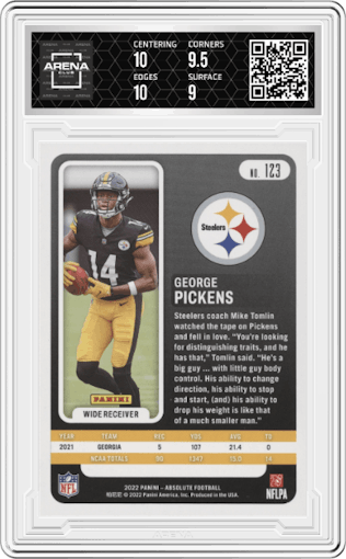 George Pickens from the 2022 Panini Absolute set graded by Arena Club and given an overall grade of 9.5.