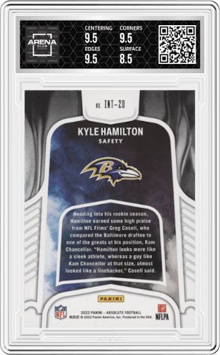 Kyle Hamilton from the 2022 Panini Absolute set graded by Arena Club and given an overall grade of 9.