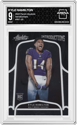 Kyle Hamilton from the 2022 Panini Absolute set graded by Arena Club and given an overall grade of 9.
