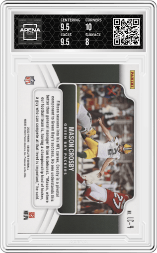 Mason Crosby from the 2022 Panini Absolute set graded by Arena Club and given an overall grade of 8.5.