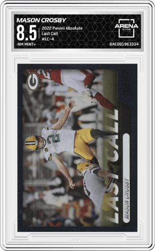 Mason Crosby from the 2022 Panini Absolute set graded by Arena Club and given an overall grade of 8.5.