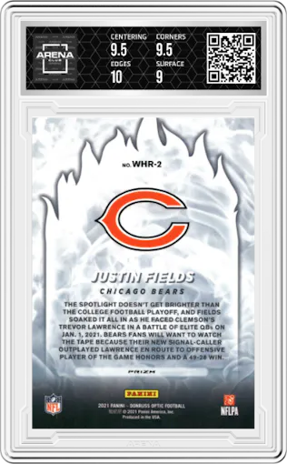 Justin Fields from the 2021 Panini Donruss Optic set graded by Arena Club and given an overall grade of 9.5.