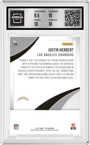 Justin Herbert from the 2021 Panini The National VIP set graded by Arena Club and given an overall grade of 10.