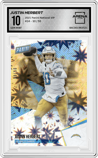 Justin Herbert from the 2021 Panini The National VIP set graded by Arena Club and given an overall grade of 10.