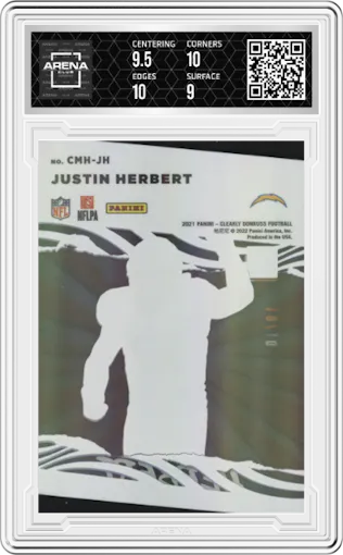 Justin Herbert from the 2021 Panini Clearly Donruss set featuring a Holo Silver parallel graded by Arena Club and given an overall grade of 9.5.