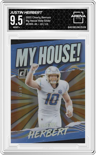 Justin Herbert from the 2021 Panini Clearly Donruss set featuring a Holo Silver parallel graded by Arena Club and given an overall grade of 9.5.