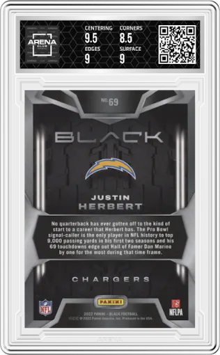 Justin Herbert from the 2022 Panini Black set featuring a Platinum parallel graded by Arena Club and given an overall grade of 9.