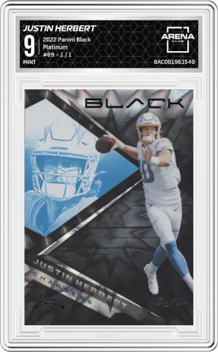 Justin Herbert from the 2022 Panini Black set featuring a Platinum parallel graded by Arena Club and given an overall grade of 9.