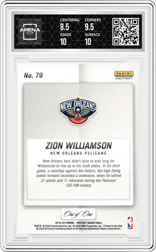 Zion Williamson from the 2019-20 Panini Instant  set featuring a White Tiger TMall parallel graded by Arena Club and given an overall grade of 9.