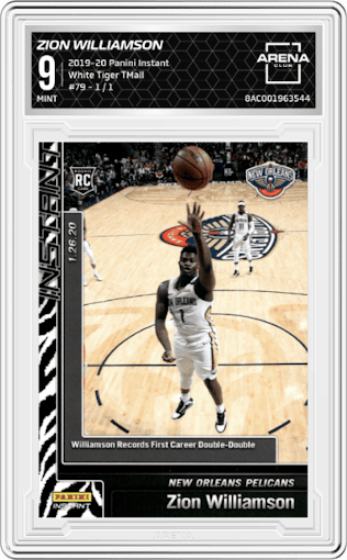 Zion Williamson from the 2019-20 Panini Instant  set featuring a White Tiger TMall parallel graded by Arena Club and given an overall grade of 9.