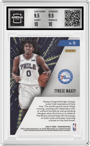 Tyrese Maxey from the 2020-21 Panini Prizm set graded by Arena Club and given an overall grade of 10.