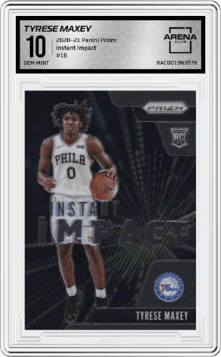 Tyrese Maxey from the 2020-21 Panini Prizm set graded by Arena Club and given an overall grade of 10.