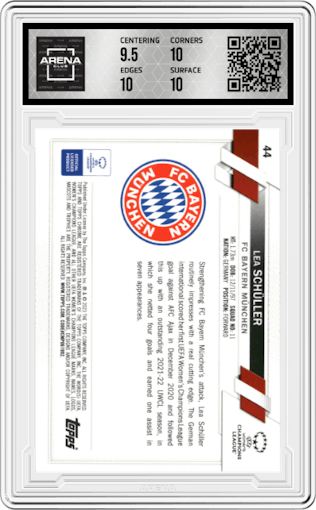 Lea Schuller from the 2022-23 Topps Chrome UEFA Women’s Champions League set featuring a Gold Refractor parallel graded by Arena Club and given an overall grade of 10.