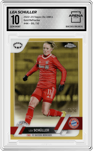 Lea Schuller from the 2022-23 Topps Chrome UEFA Women’s Champions League set featuring a Gold Refractor parallel graded by Arena Club and given an overall grade of 10.