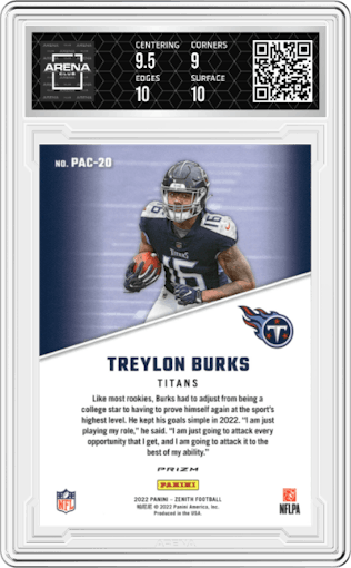 Treylon Burks from the 2022 Panini Zenith set featuring a Silver parallel graded by Arena Club and given an overall grade of 9.5.