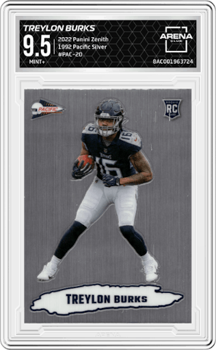 Treylon Burks from the 2022 Panini Zenith set featuring a Silver parallel graded by Arena Club and given an overall grade of 9.5.
