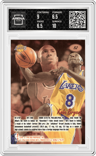 Kobe Bryant from the 1996-97 Fleer Ultra set graded by Arena Club and given an overall grade of 7.