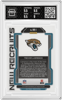 Trevor Lawrence from the 2021 Panini Prizm set graded by Arena Club and given an overall grade of 9.5.