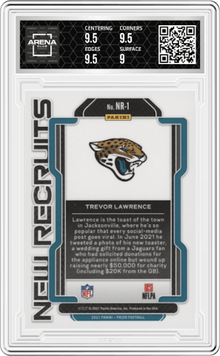 Trevor Lawrence from the 2021 Panini Prizm set graded by Arena Club and given an overall grade of 9.5.