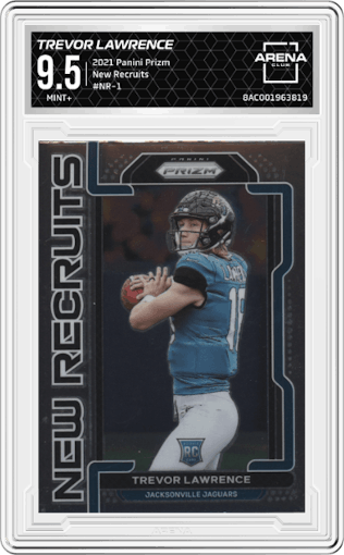 Trevor Lawrence from the 2021 Panini Prizm set graded by Arena Club and given an overall grade of 9.5.